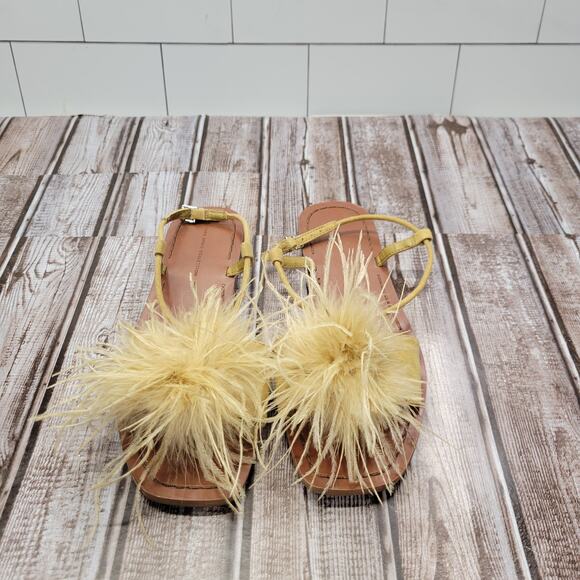 ZARA Basic Women's Yellow Feather Flat Sandals Ankle Strap EU 39 US 8 - Picture 2 of 8